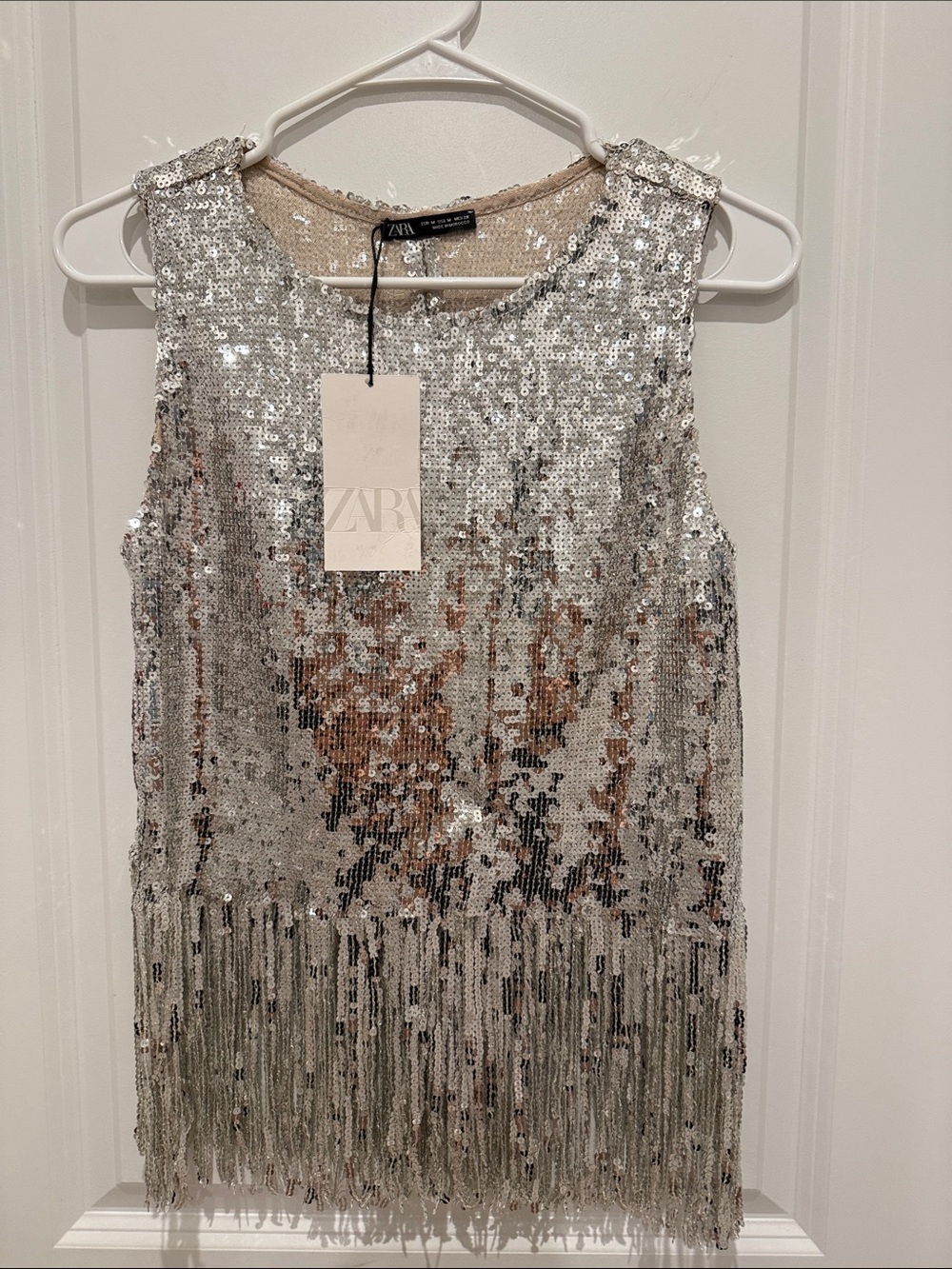 ZARA Silver Sequin Fringe Mini Dress with Rose-Gold Accents - Picture 5 of 5